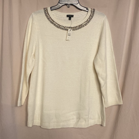 NWT Talbots Woman Embellished Neck Sweater, Size 1X Color Ivory - Picture 2 of 9